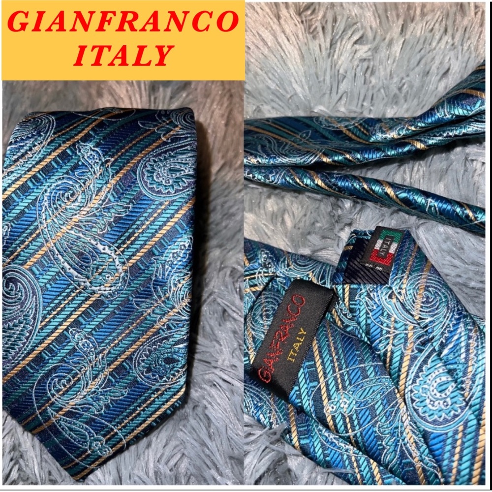 GIANFRANCO ITALY MEN Blue gold paisley NECKTIE TIE LONG